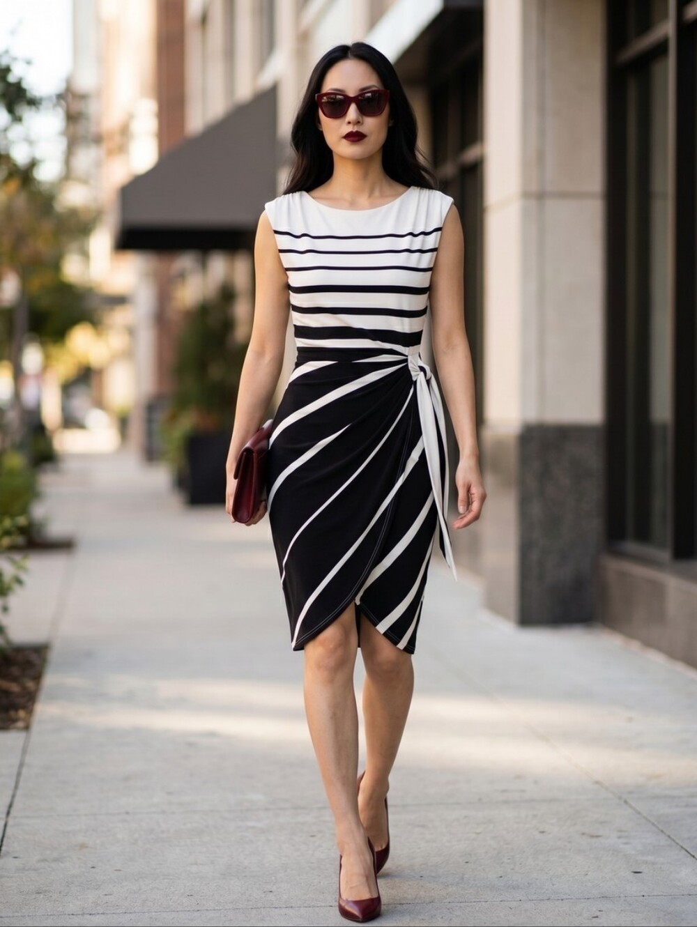 Chaya Sleeveless Black and White Striped Knot-Detail Midi Dress 4